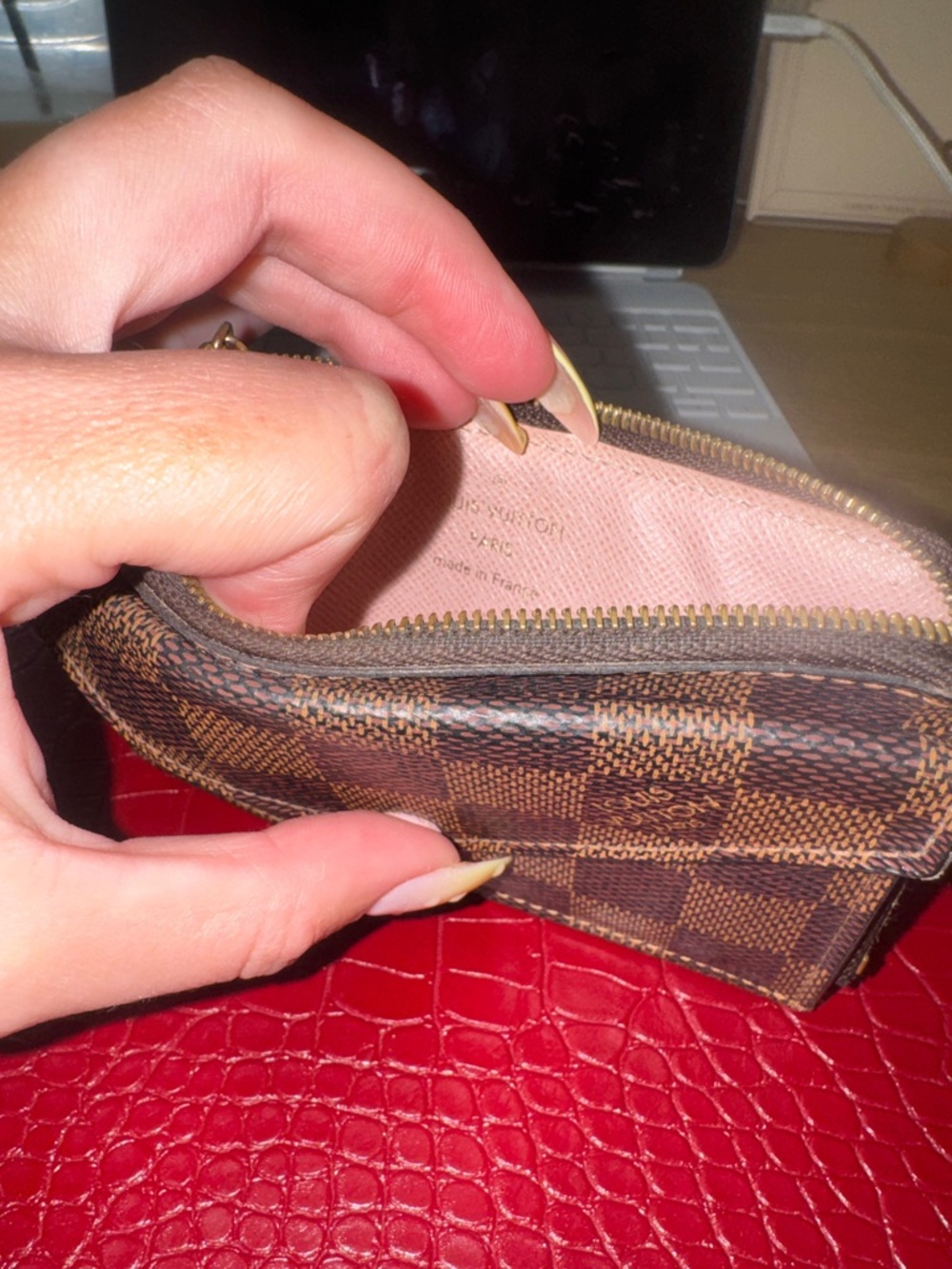 Louis Vuitton Damier Ebene Brown Card & Key Holder with Pink Interior